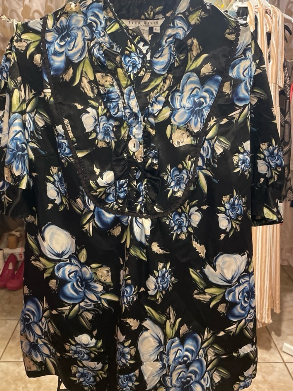 Fred David Black Floral Button-Front Blouse
